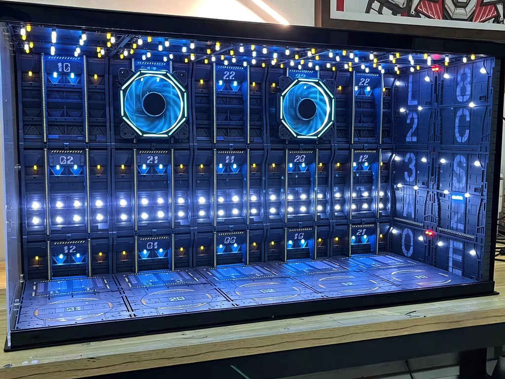 Premium 1/100 scale custom sci-fi mecha diorama base with LED lighting.