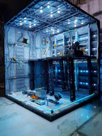 Bespoke illuminated hangar base designed for mechanical action figures.