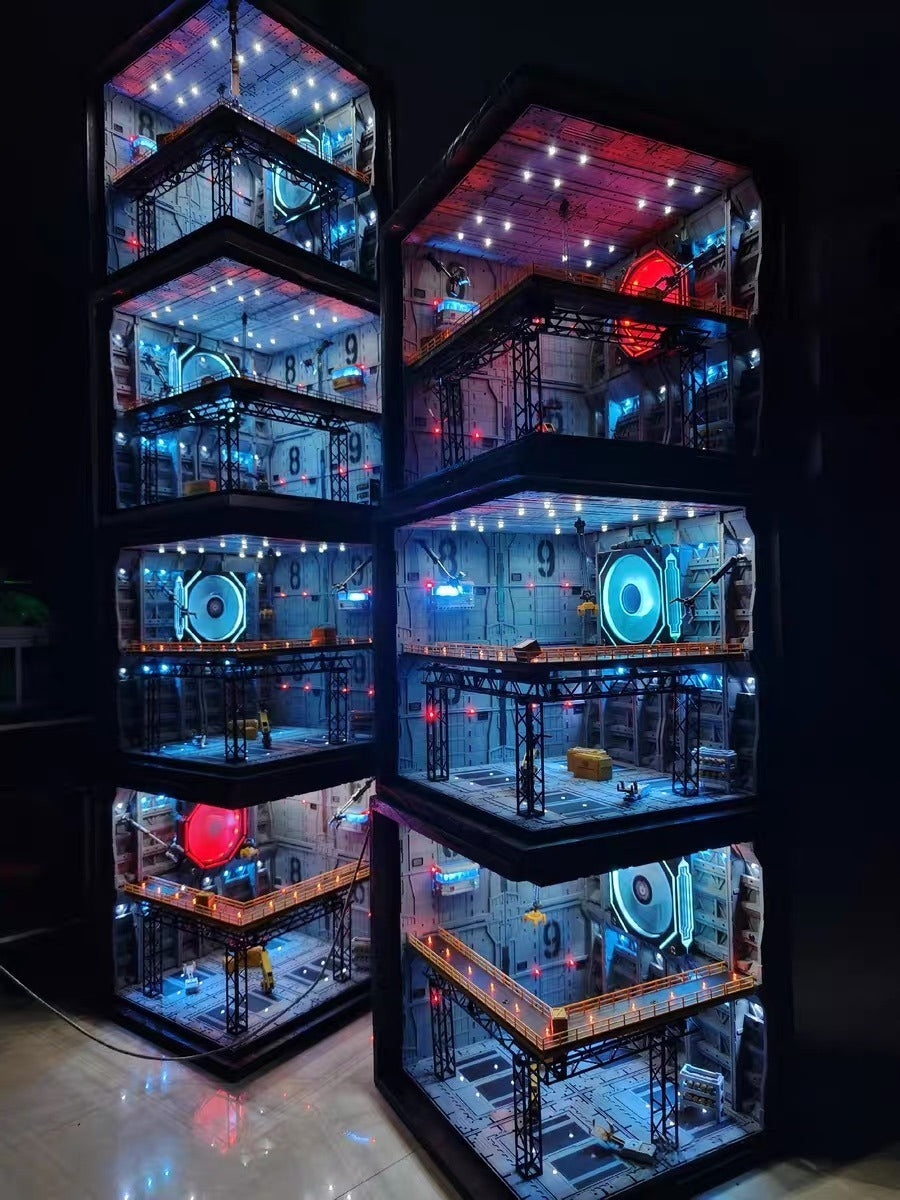 Custom lighted sci-fi backdrop for premium robot and action figure collections.