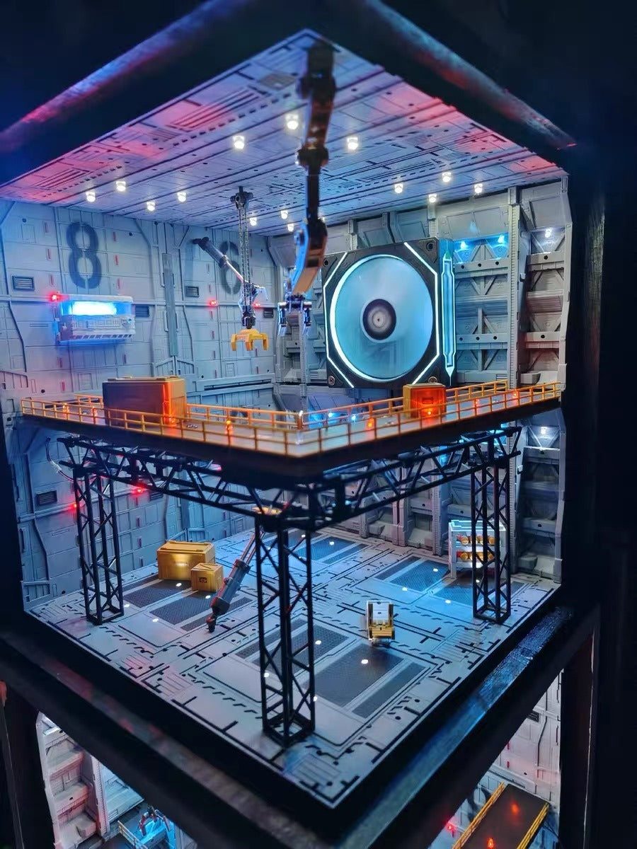 Futuristic mecha diorama base with glowing LED paneling and acrylic structure.